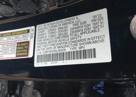2022 Honda Cr-V Ex z USA, uszkodzony, nr VIN 5J6RT6H53NL040039